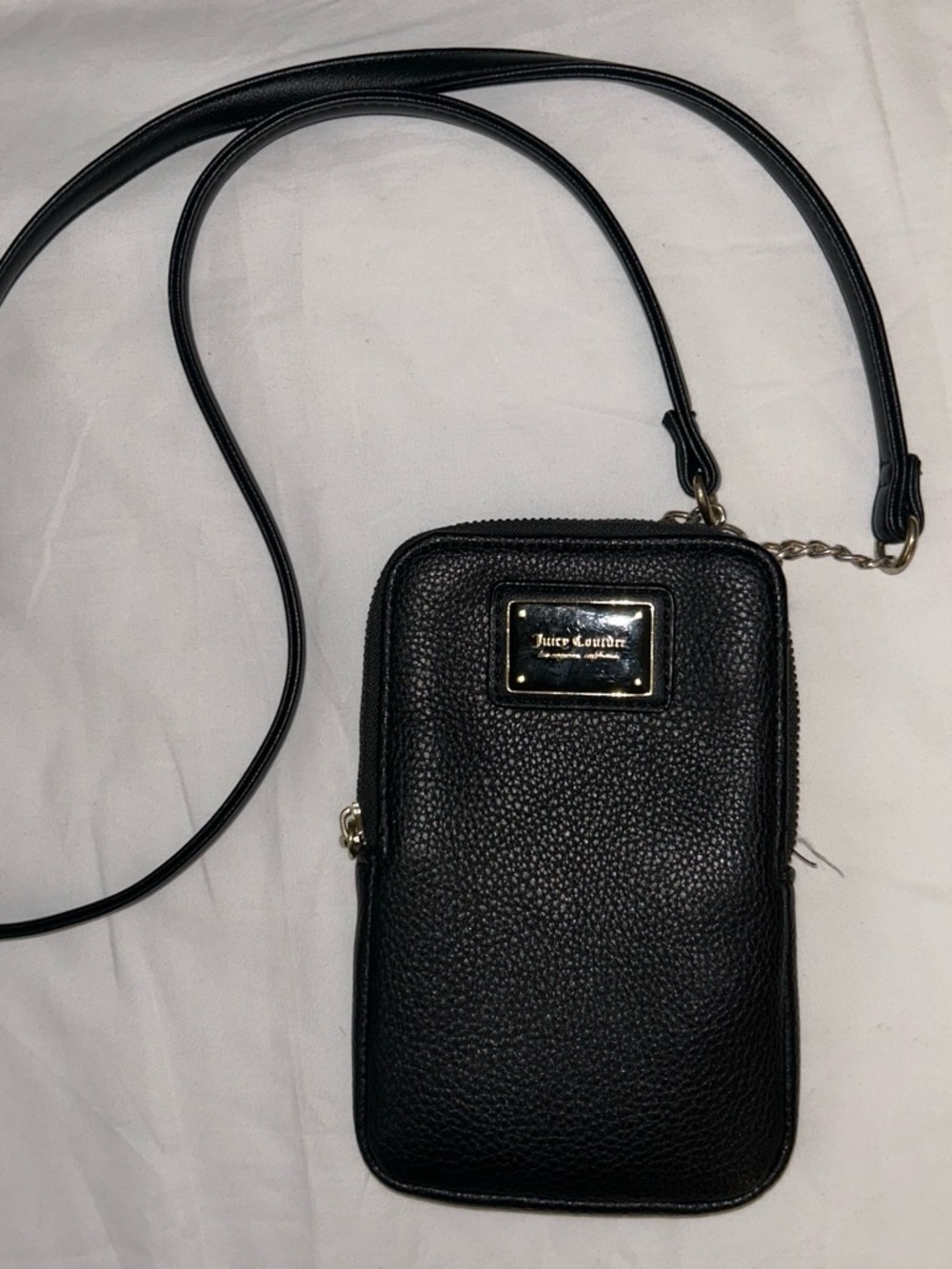 Juicy Couture Black Pebbled Crossbody Phone Pouch with Gold Plaque